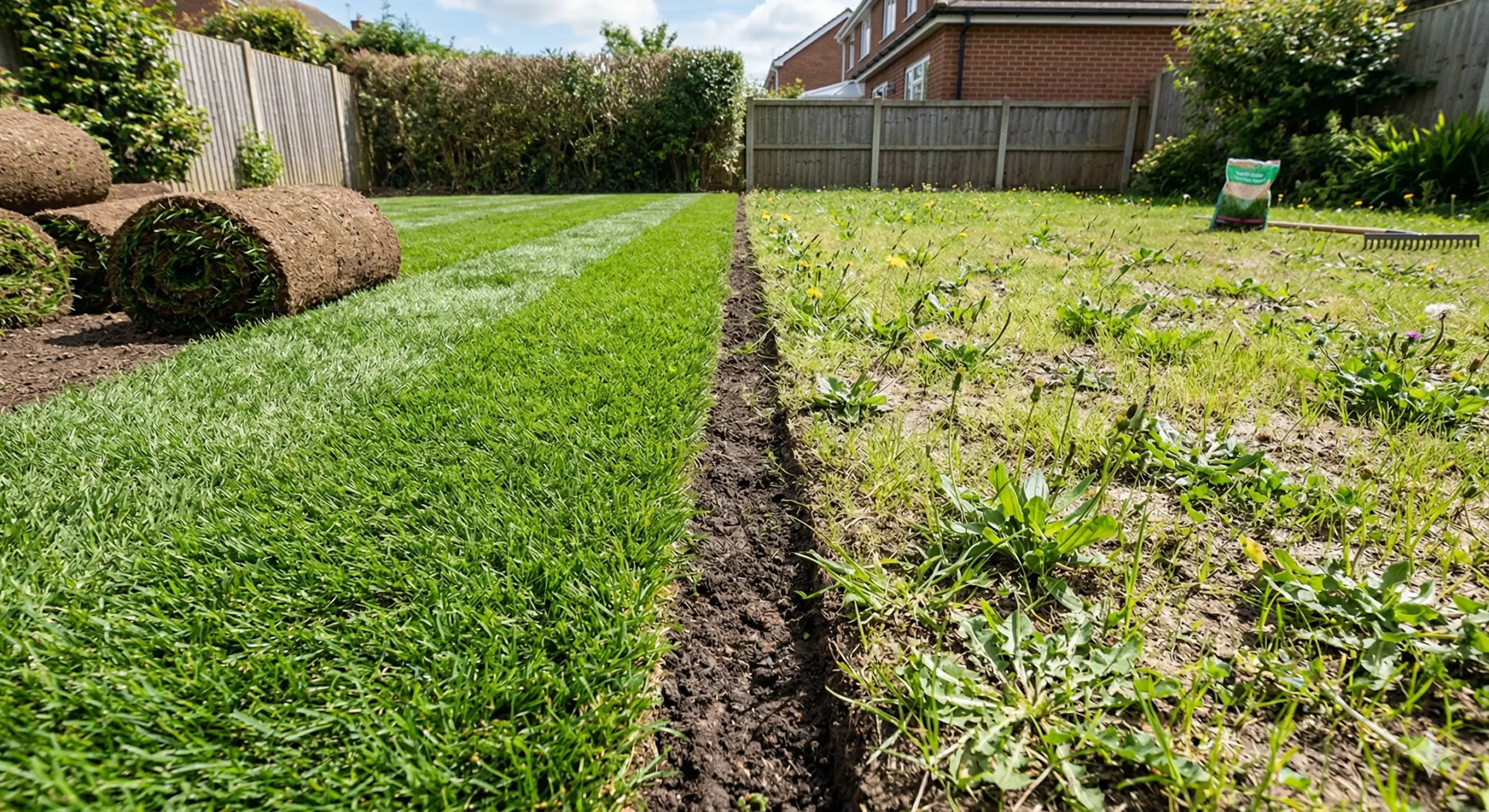Zraszacz ogrodowy podlewający świeżo ułożoną trawę w rolce rano.