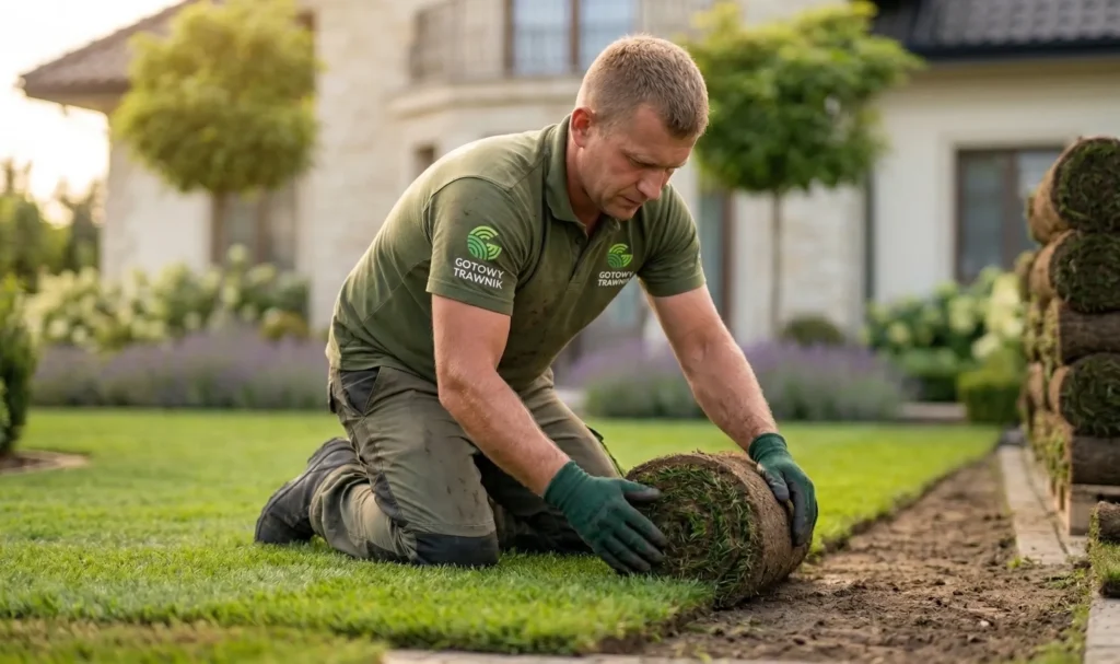 pracownik, kótry zakłada trawę z rolki