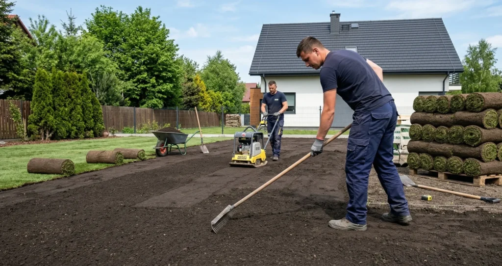 Maszynowe przygotowanie ziemi glebogryzarką i precyzyjne wyrównywanie terenu pod montaż trawy w rolce.