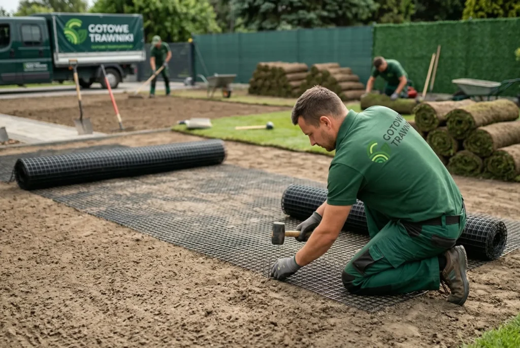 Czarna siatka na krety rozłożona pod trawnikiem z rolki przed montażem darni