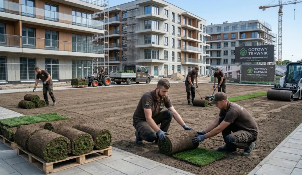 Wielkopowierzchniowy montaż trawy w rolce inwestycyjnej na terenie nowo budowanego osiedla mieszkaniowego.