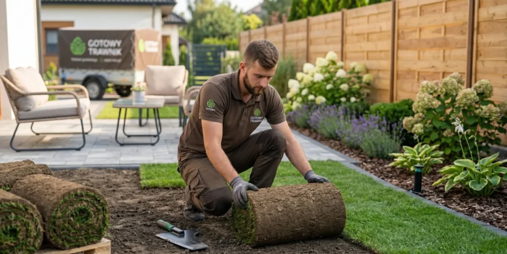 Profesjonalny montaż gęstej trawy w rolce premium przez ogrodnika w ogrodzie przydomowym.