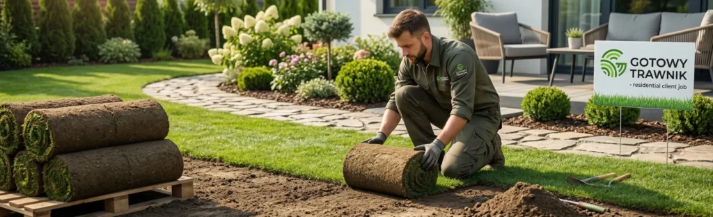 Zespół profesjonalnych ogrodników układający trawę w rolce na przygotowanym podłożu z zamontowaną siatką na krety.