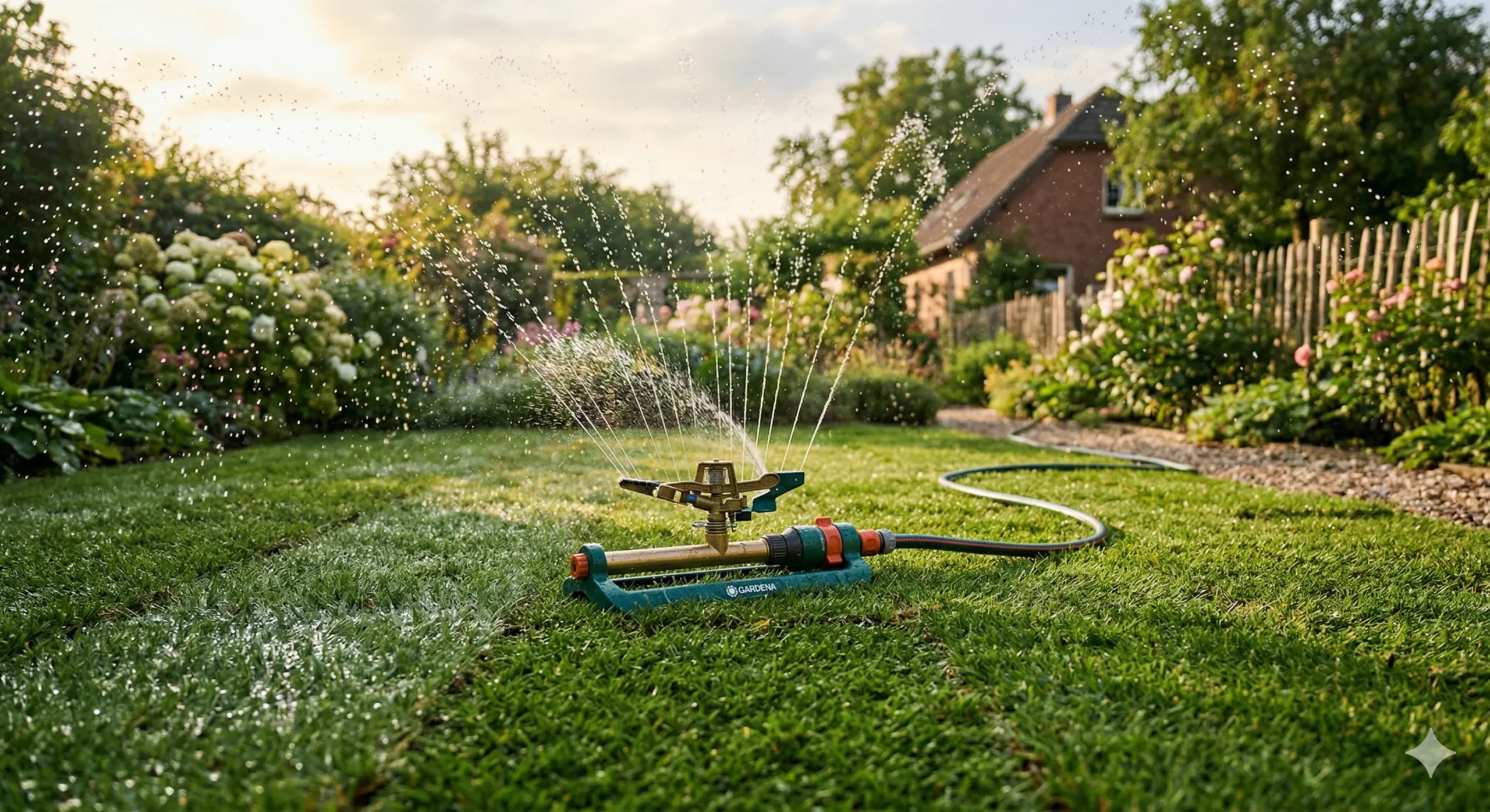 Zraszacz ogrodowy podlewający świeżo ułożoną trawę w rolce rano.