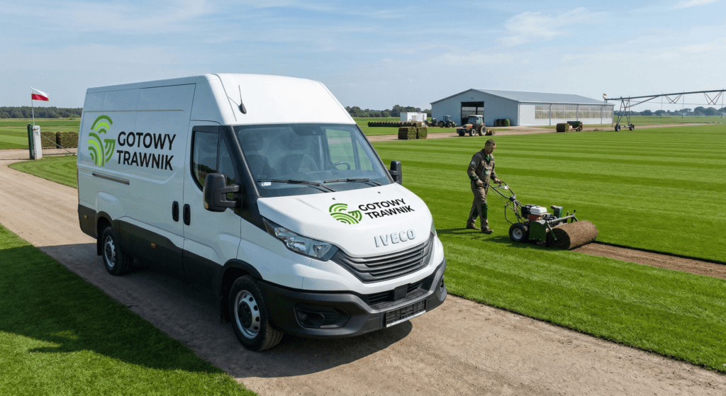 Samochód firmowy z trawą w rolce